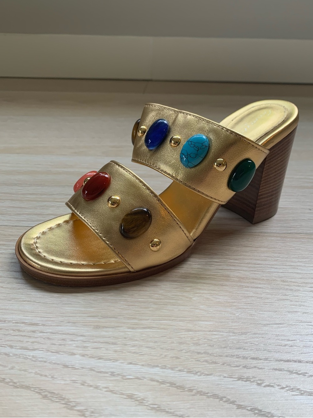 Gianvito Rossi Shanti Gold Metallic Embellished Block Heel Sandal NWT Size 39.5